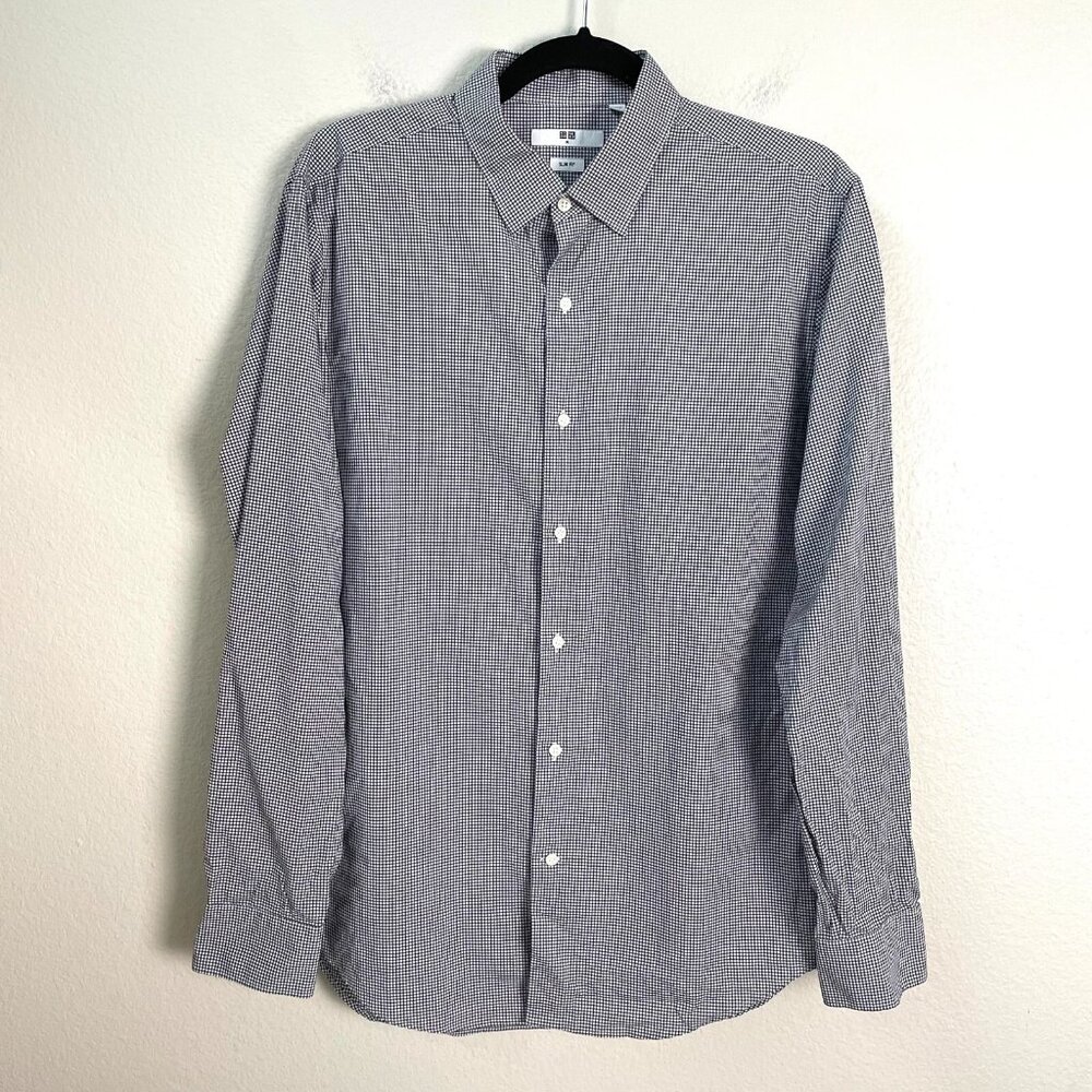Uniqlo‎ Mens Medium Button Up Slim Fit Shirt Gingham Long Sleeve Cotton Stretch